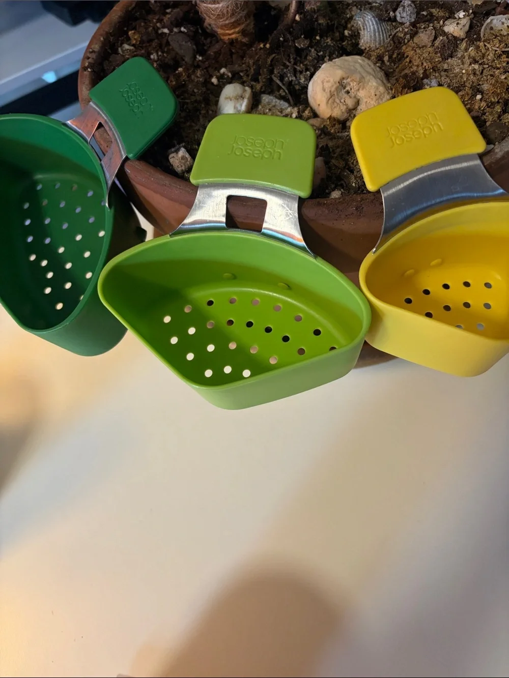 Joseph Joseph Green and Yellow Hang-On Kitchen Strainers - Set of 3